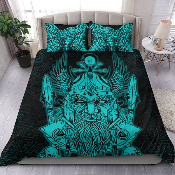 Viking Bedding Set Odin And Raven Turquoise Text Ver01