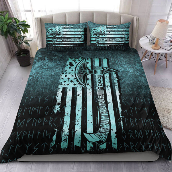 Viking Bedding Set USA Flag Viking Cool American Norsemen Cyan Version