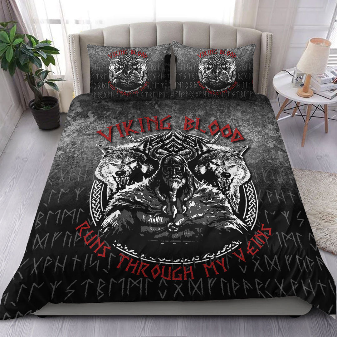 Viking Bedding Set Odin Geri And Freki Wolfs Viking Blood Runs Through My VeinsBedding Set