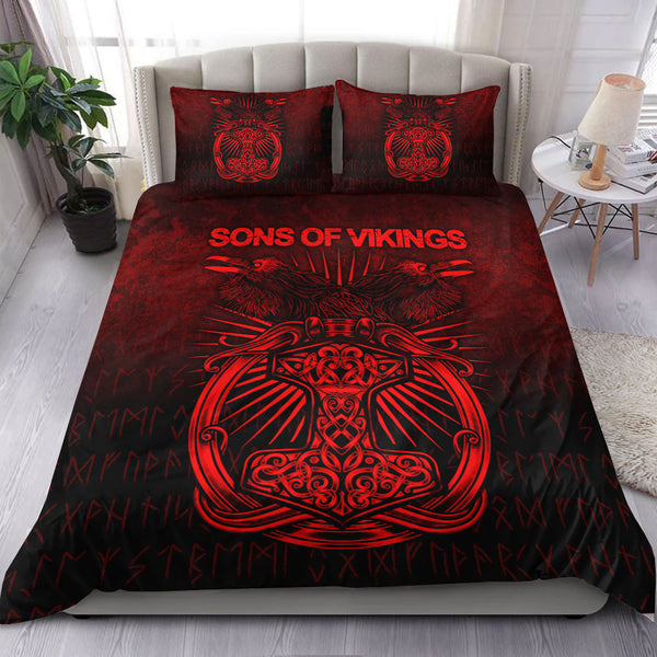 Viking Bedding Set Vikings Ravens Mjolnir Red Version