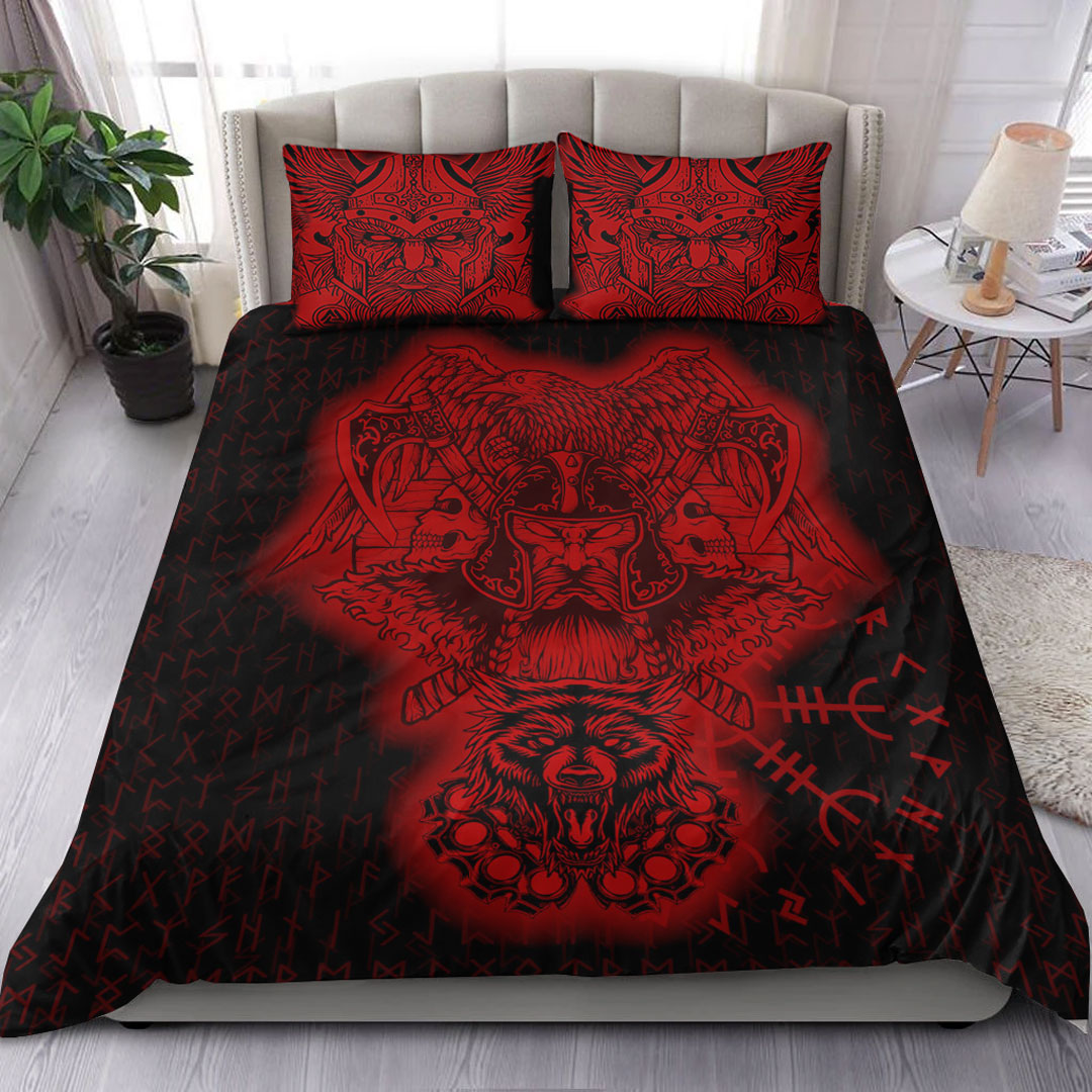 Viking Bedding Set Odin And Raven Wolf Red