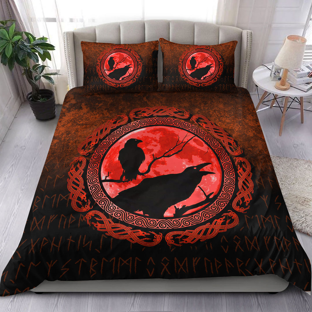 Viking Bedding Set Vikings Huginn Muninn Odin’s Ravens Red Version