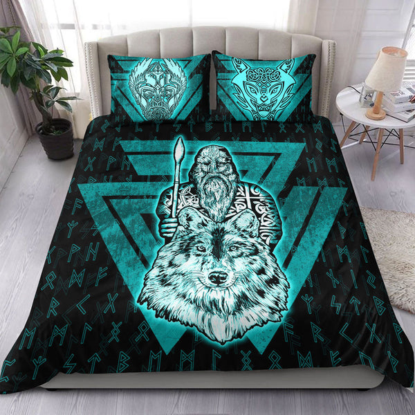 Viking Bedding Set Viking Odin Wolf Turquoise