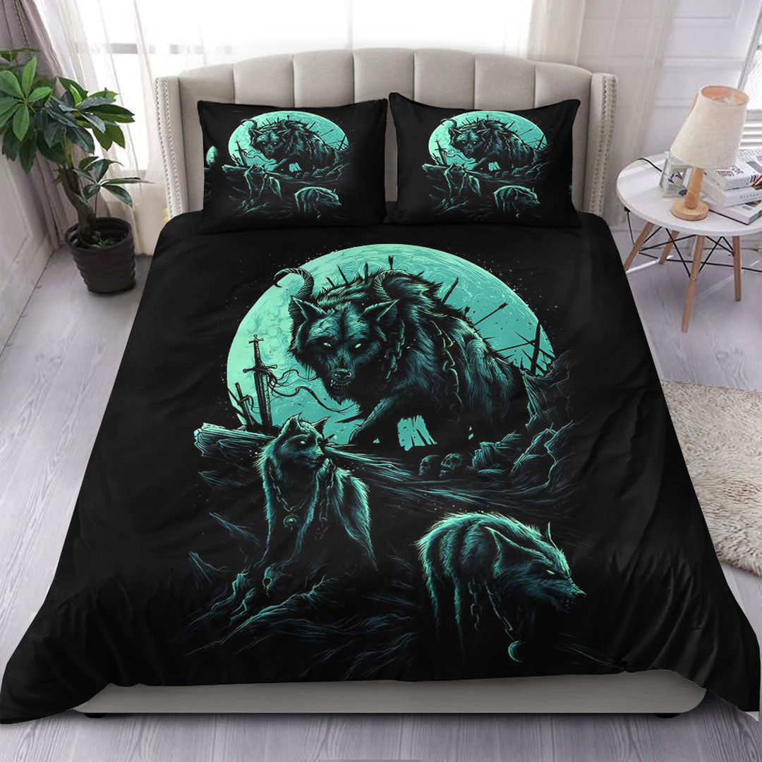 Viking Bedding Set Fenrir Wolf and Moon