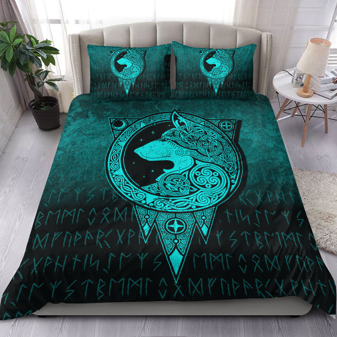 Viking Bedding Set Viking Norse Wolf Cyan Version