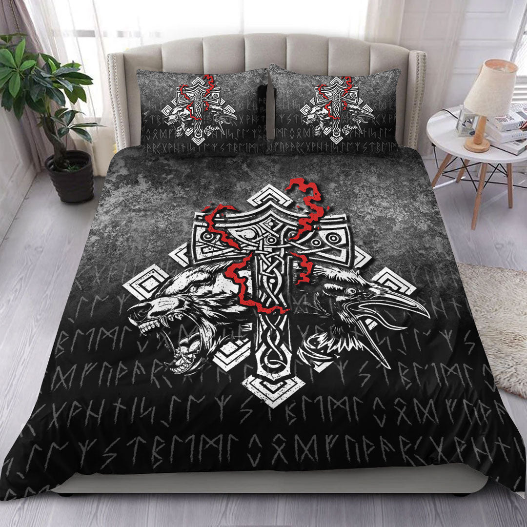 Viking Bedding Set Thor Hammer Mjolnir Rune Protection Odin Raven Style