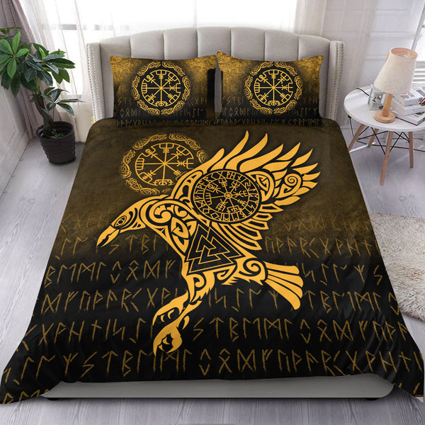 Viking Bedding Set Raven Vegvisir Tattoo Gold Version