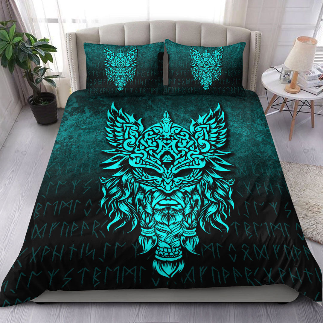 Viking Bedding Set Odin The Allfather Asgard God And Chief Of Aesir Cyan Version