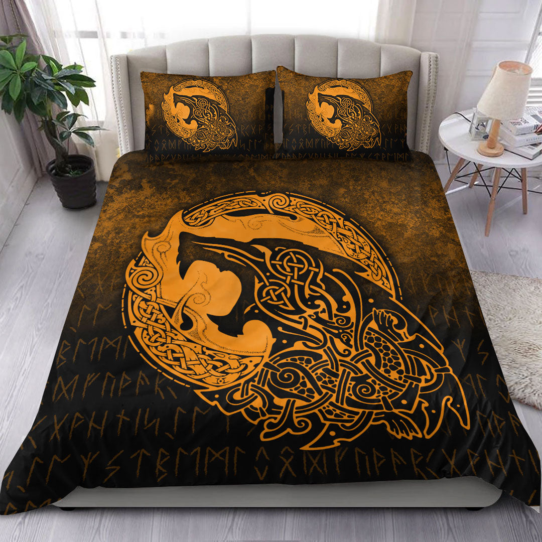 Viking Bedding Set Fenrir Viking 3D Tattoo Gold Version