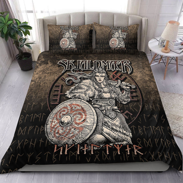 Viking Bedding Set Skjaldmaer Shieldmaiden Norse Younger Futhark Runes Female Viking Warrior Vegvisir