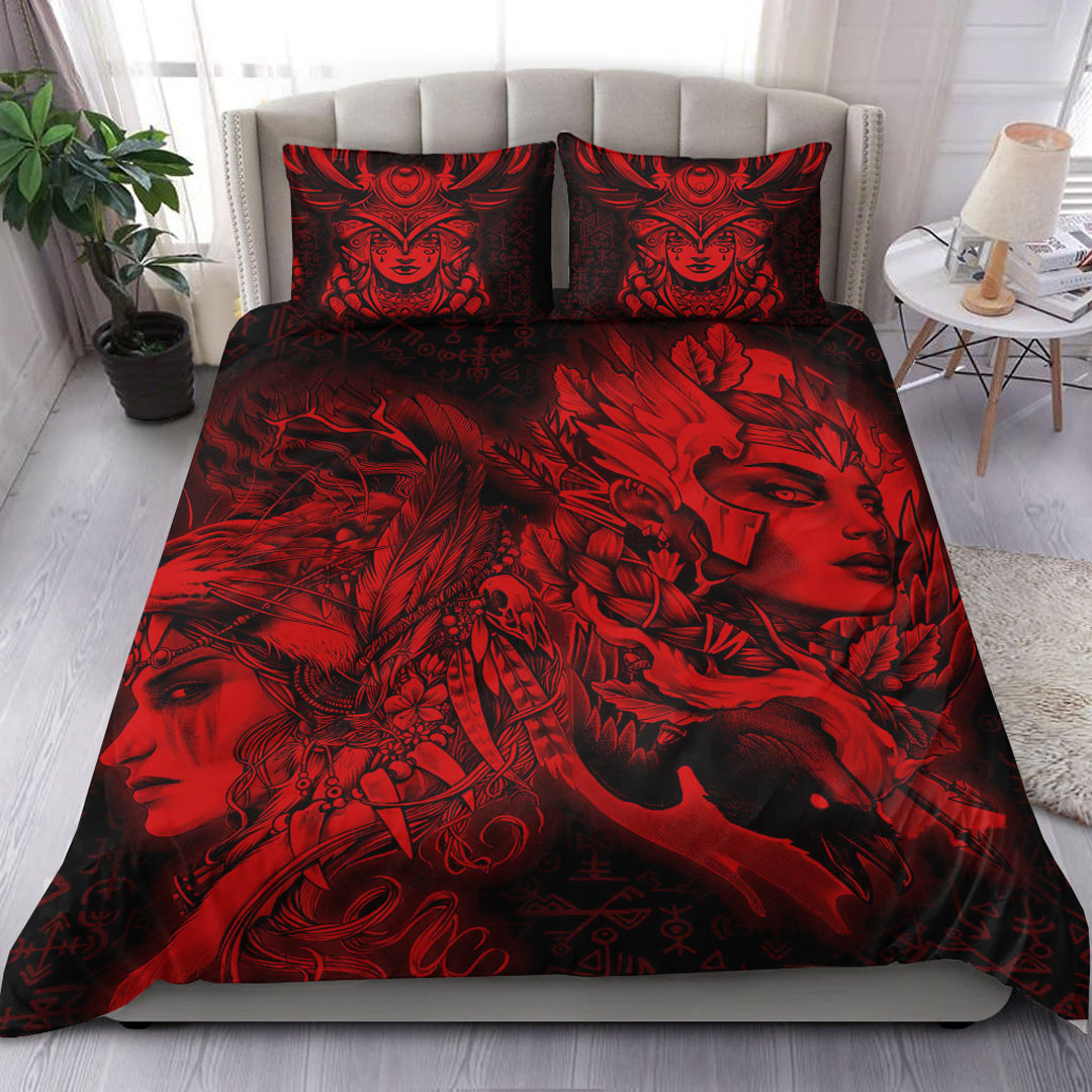 Viking Bedding Set Valkyries And Bear Raven Red Tree Cletic