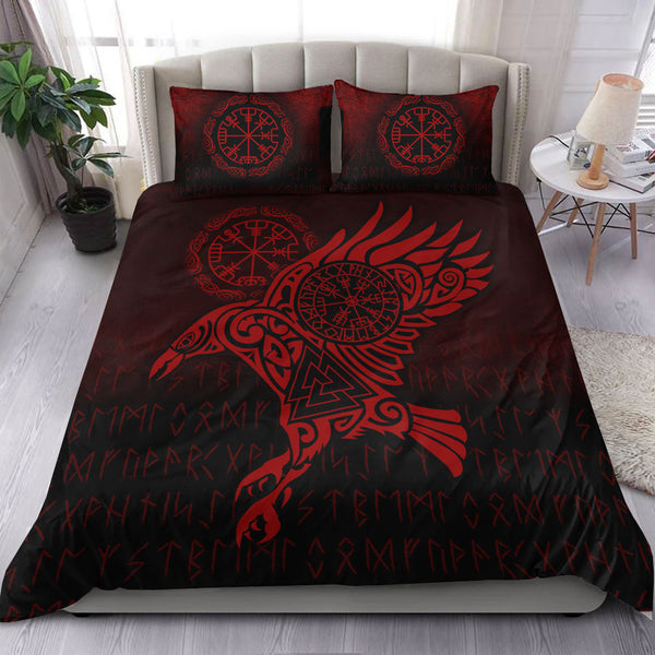 Viking Bedding Set Raven Vegvisir Tattoo Red Version