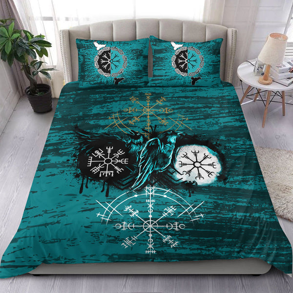 Viking Bedding Set Raven of Odin and Symbol Viking Style Cyan