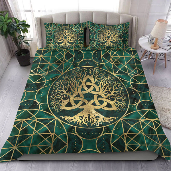 Viking Bedding Set Tree of Life with Triquetra Malachite and Gold