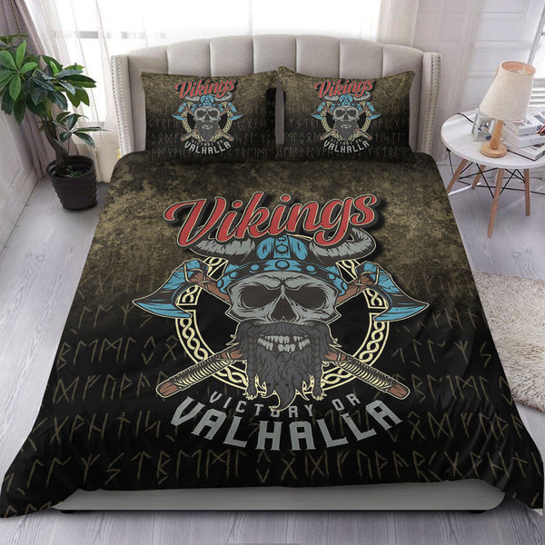 Viking Bedding Set Vikings Victory or Valhalla Skull With Crossed Axe