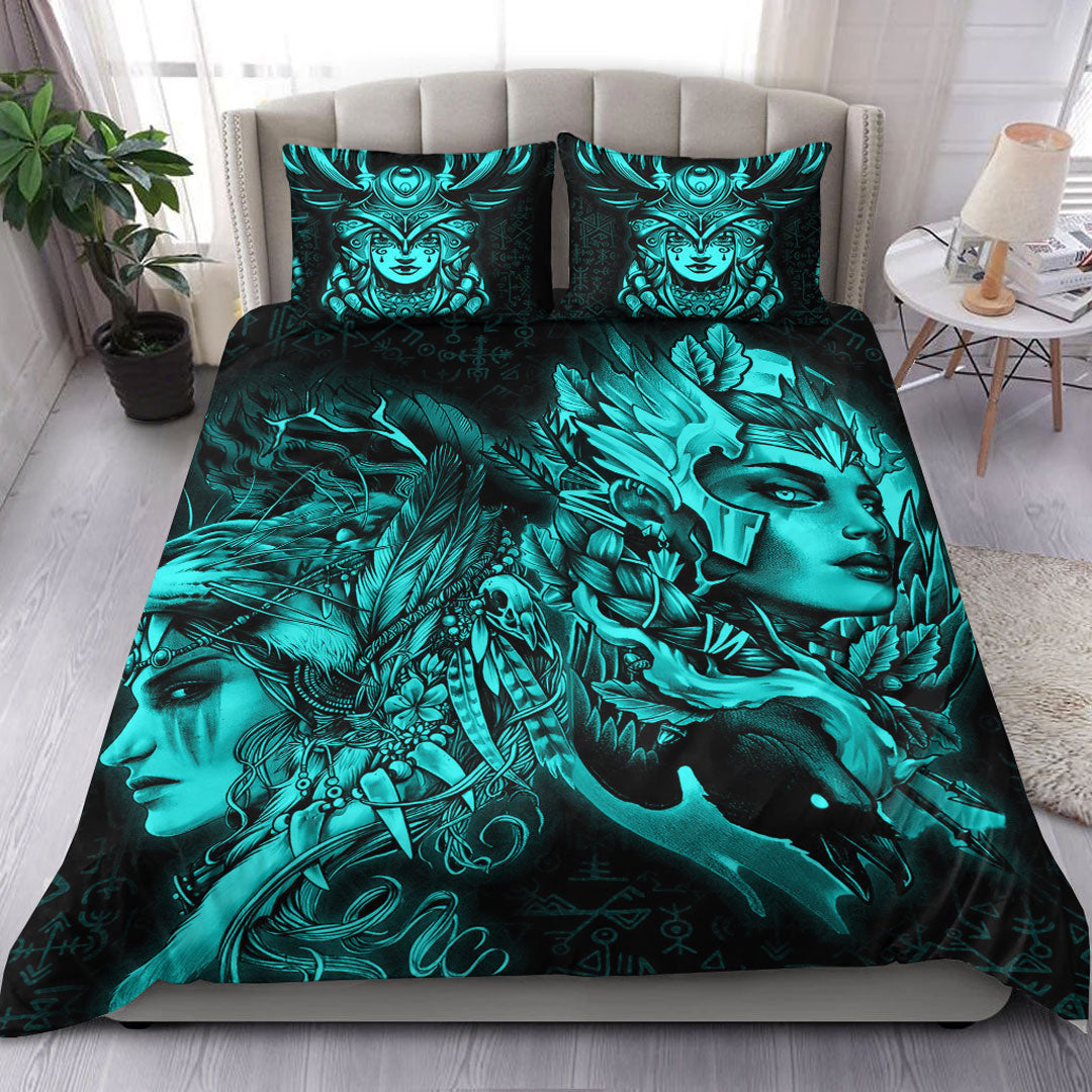 Viking Bedding Set Valkyries And Bear Raven Turquoise Ver02