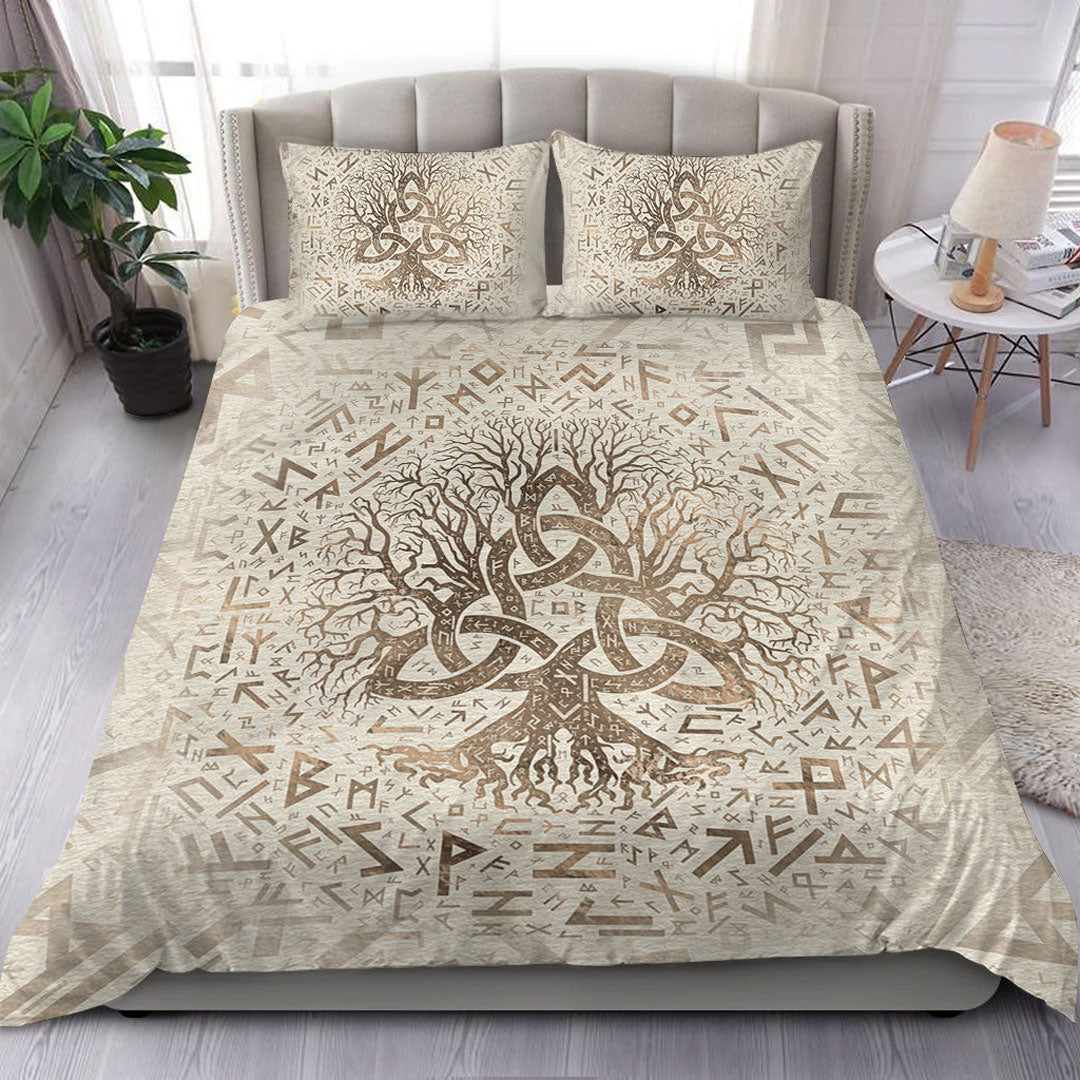 Viking Bedding Set Tree of Life with Triquetra and Futhark Pastel Gold