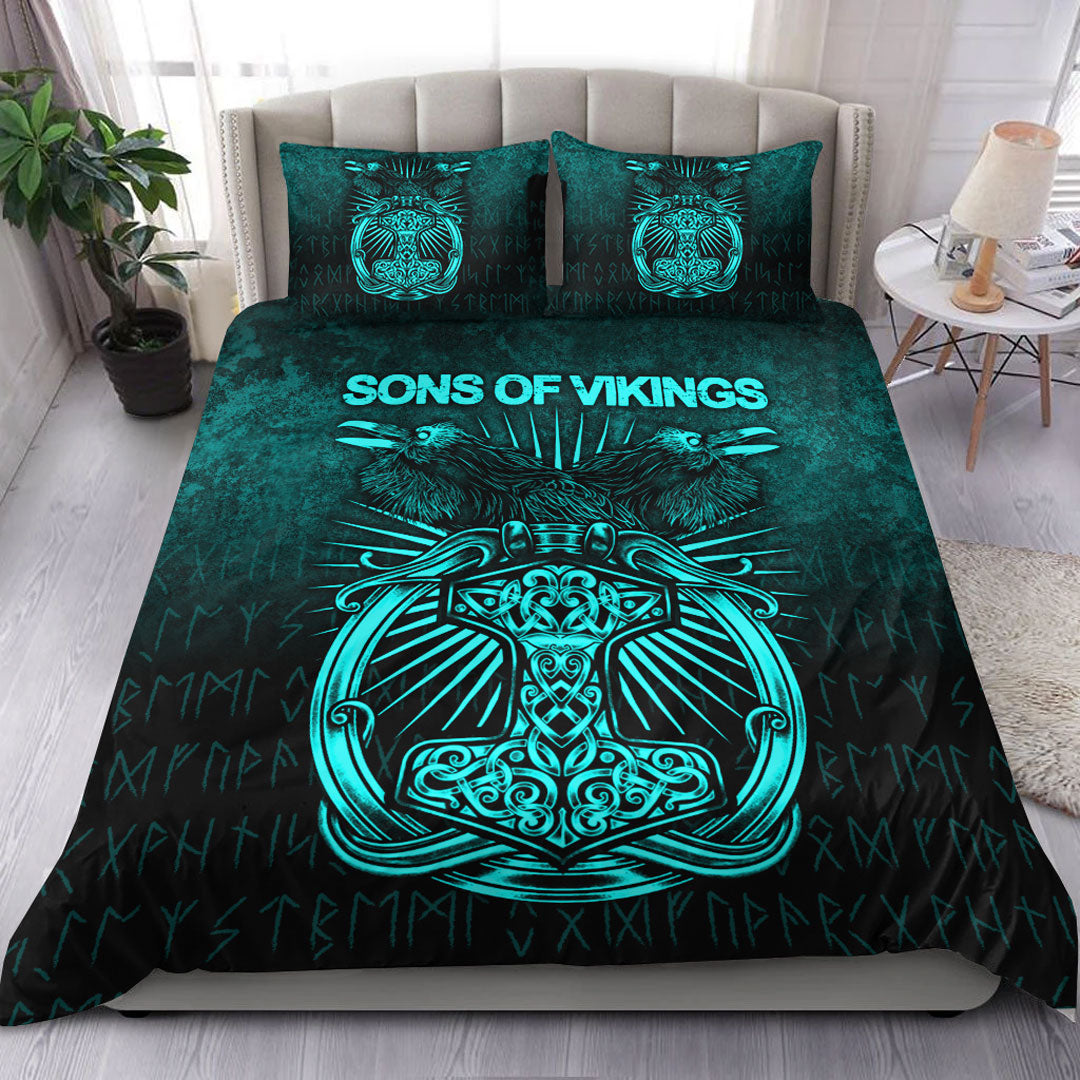 Viking Bedding Set Vikings Ravens Mjolnir Cyan Version