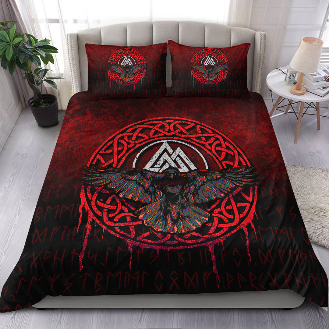 Viking Bedding Set Valhalla Norse Mythology Raven Black Crow Viking Red Version