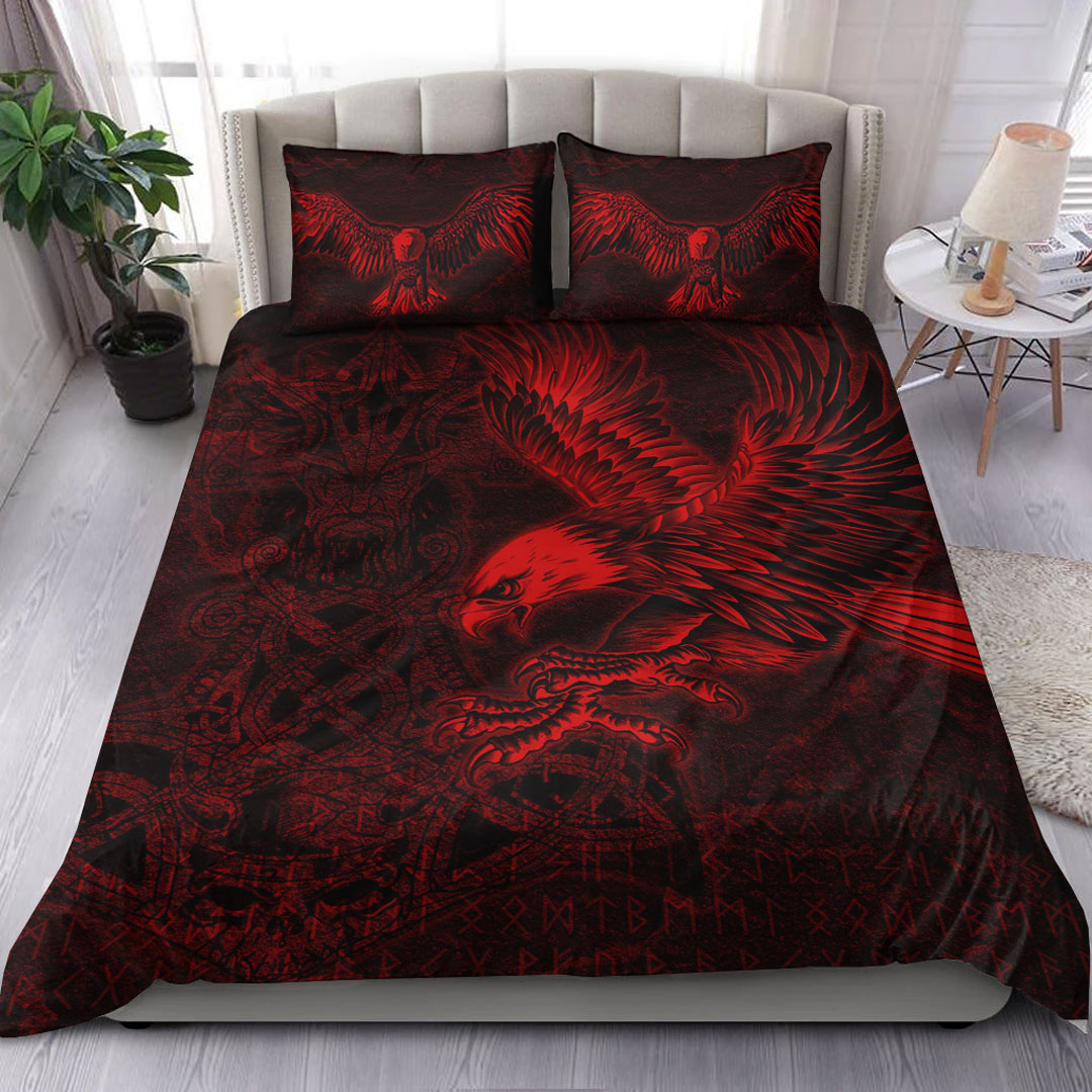 Viking Bedding Set Raven Mjolnir Red