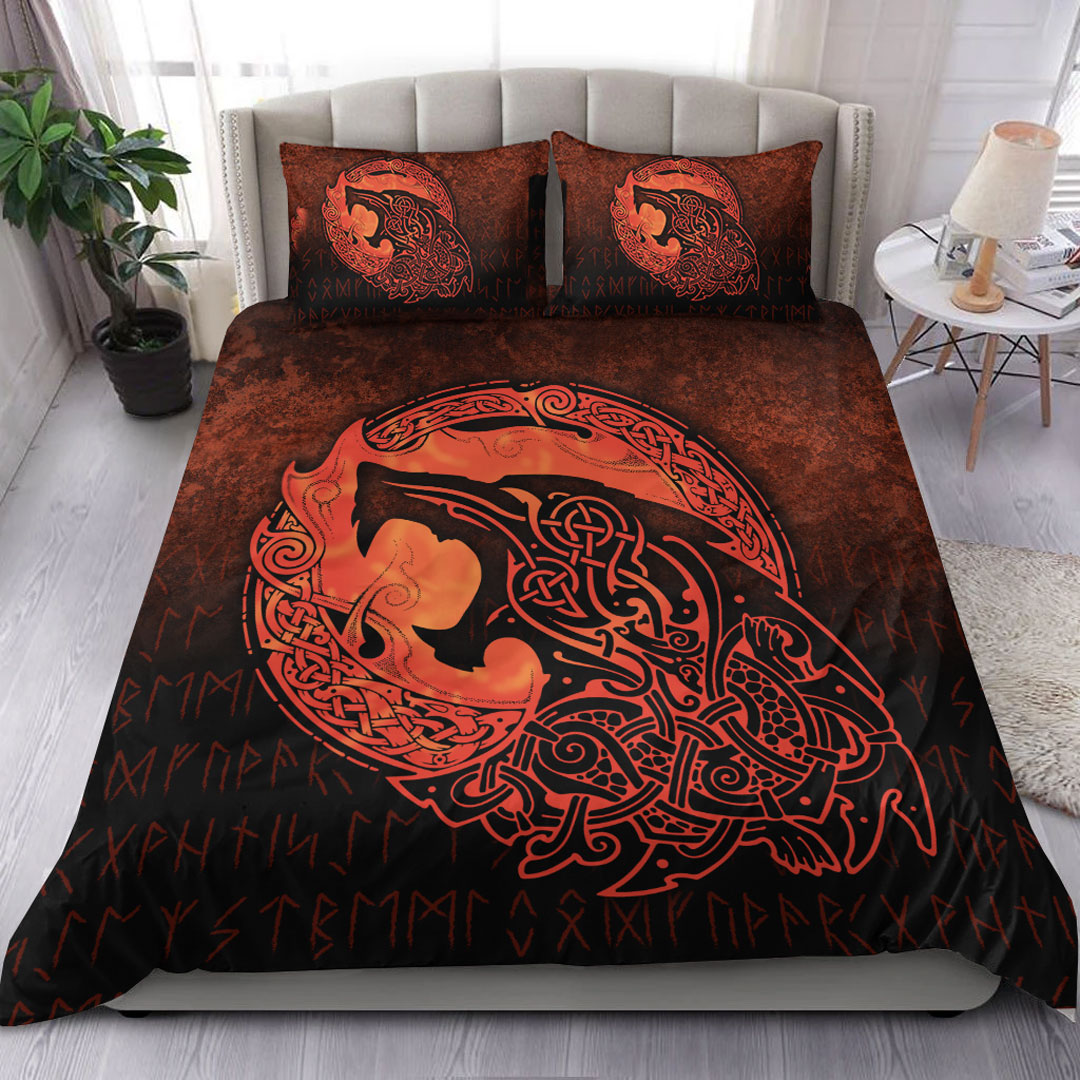 Viking Bedding Set Fenrir Viking 3D Tattoo Orange Version