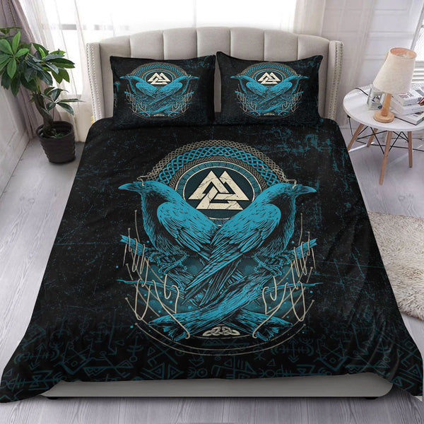 Viking Bedding Set Huginn and Muninn Valknut Cyan Style