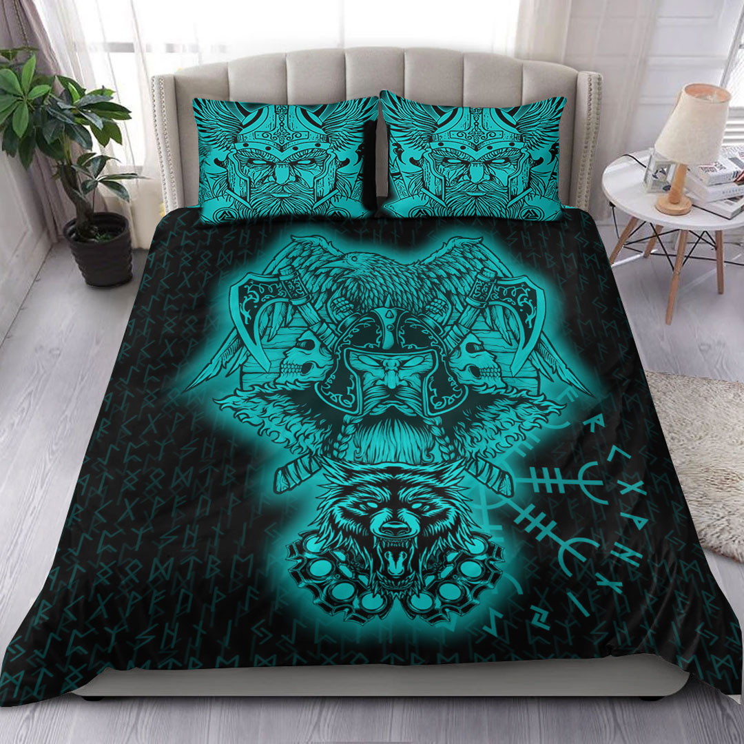 Viking Bedding Set Odin And Raven Wolf Turquoise