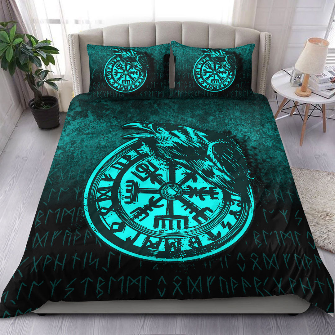 Viking Bedding Set Viking Vegvisir Rune with Crow Cyan Version