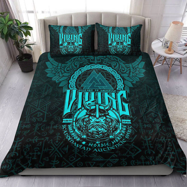 Viking Bedding Set Viking Warriors Valknut Cyan