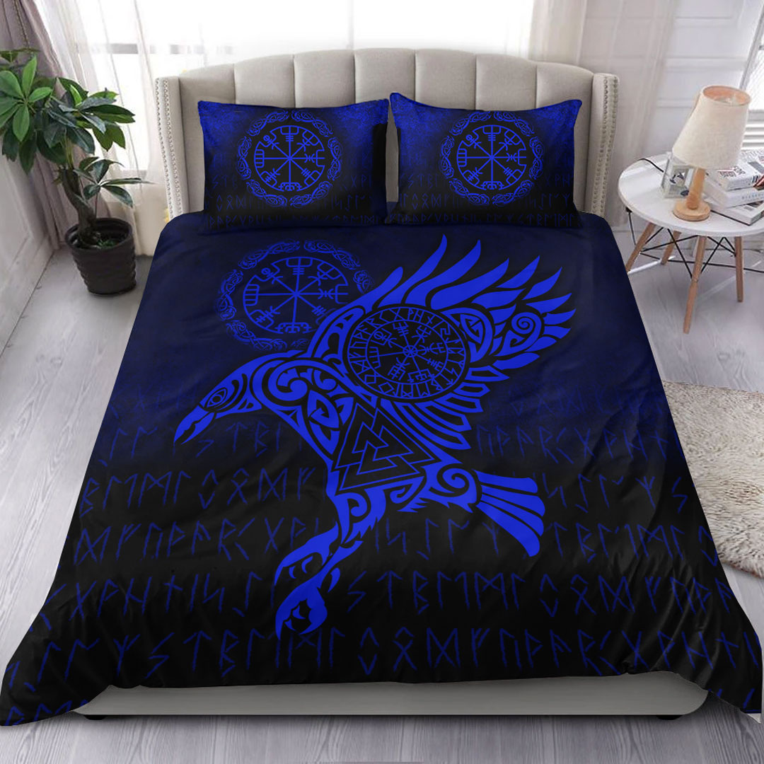 Viking Bedding Set Raven Vegvisir Tattoo Blue Version