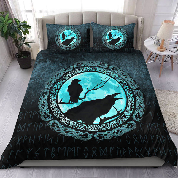 Viking Bedding Set Vikings Huginn Muninn Odin’s Ravens Cyan Version