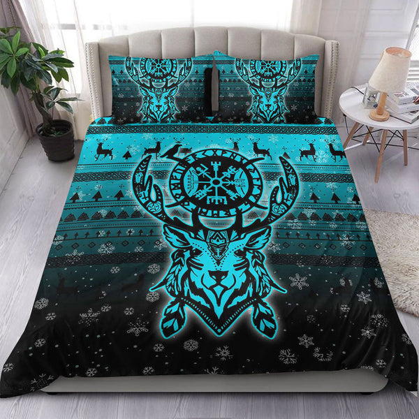 Viking Bedding Set Viking Reindeer Vegvisir Cyan