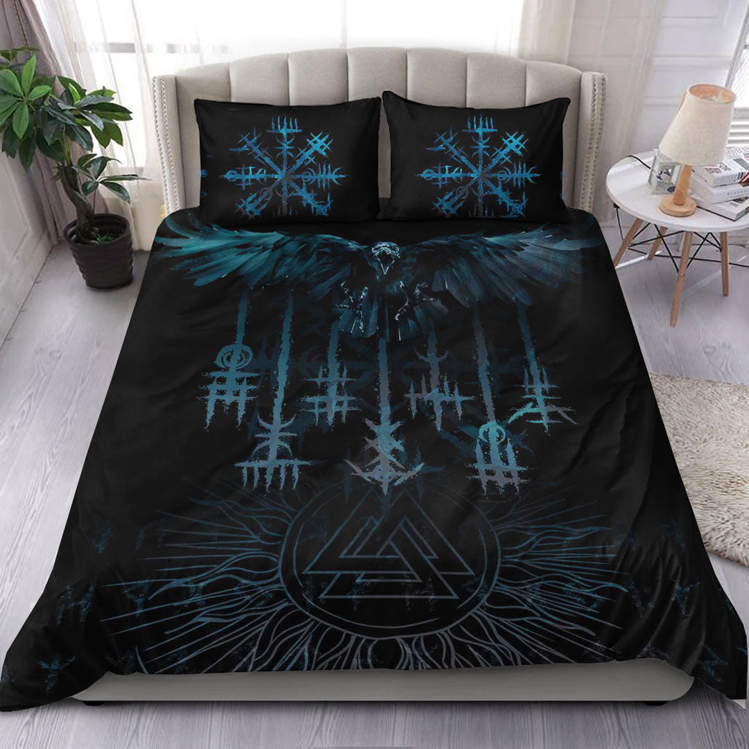 Viking Bedding Set Raven and Valknut Cyan Style