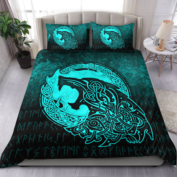 Viking Bedding Set Fenrir Viking 3D Tattoo Cyan Version