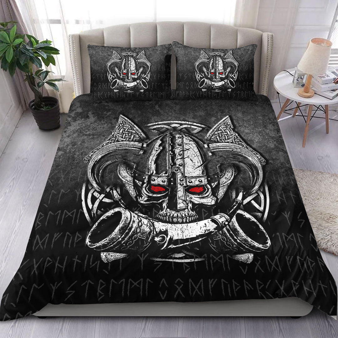 Viking Bedding Set Nordic Mythology Skull Mead Horn Warrior Runes Style