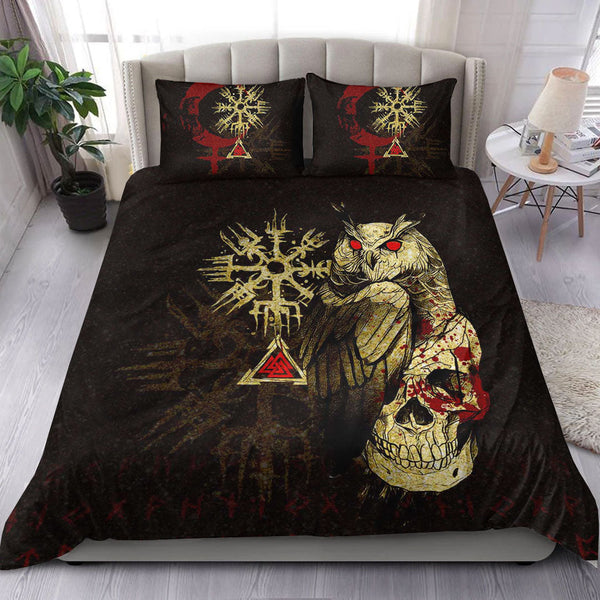 Viking Bedding Set Viking Owl Skull Blood Gold Style