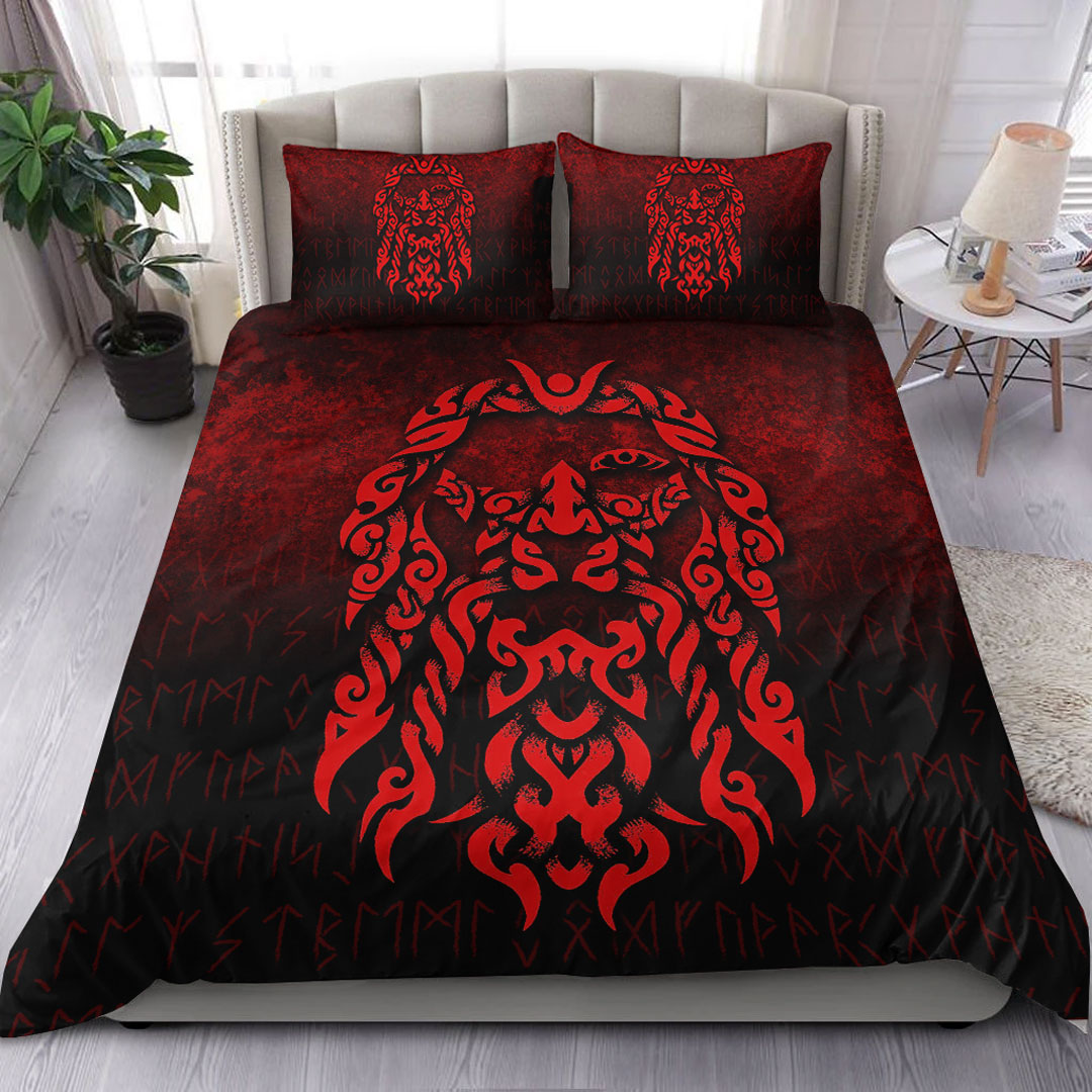 Viking Bedding Set Viking God Odin Allfather In Asgard Raven God Red Version