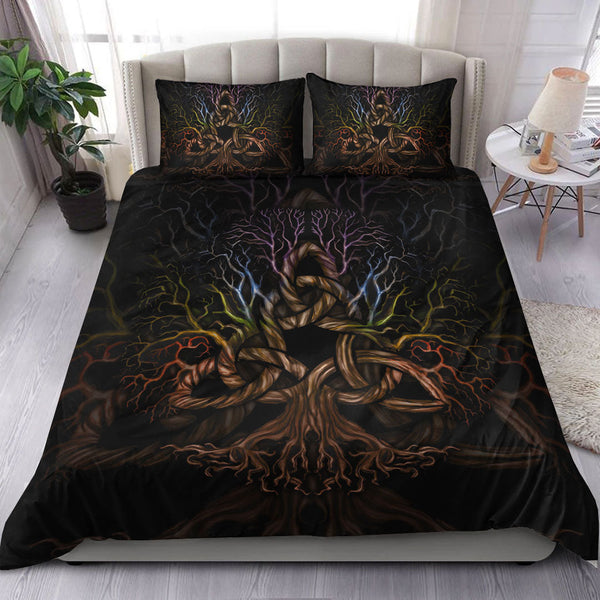 Viking Bedding Set Colorful Tree of Life With Triquetra