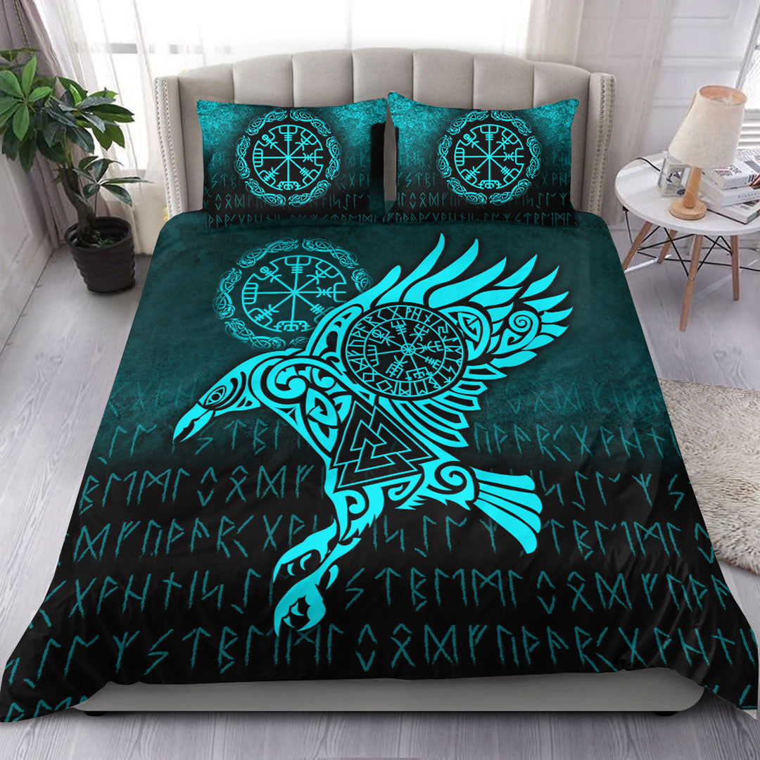 Viking Bedding Set Raven Vegvisir Tattoo Cyan Version