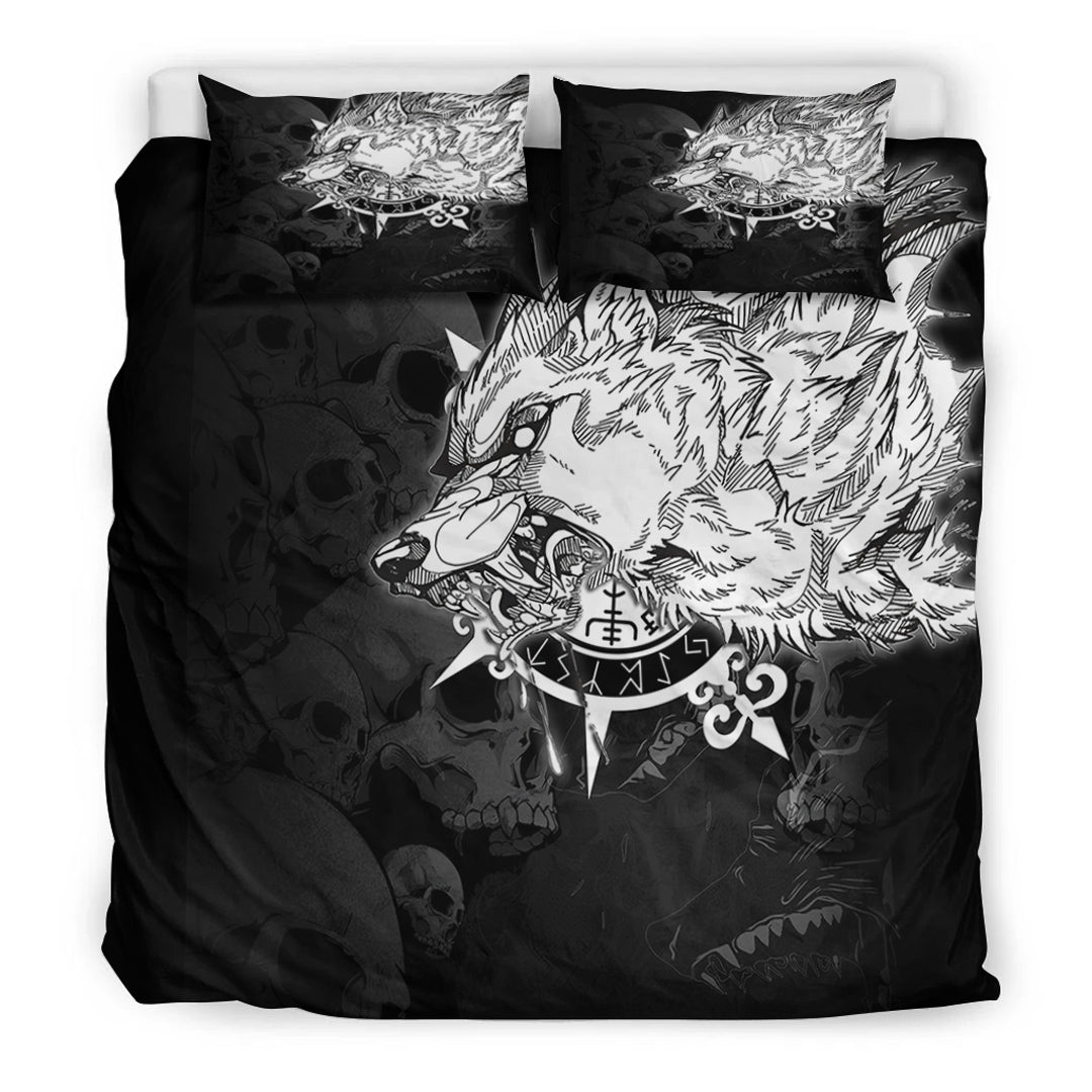 Viking Bedding Set Fenrir Wolf Skull and Sun Vegvisir