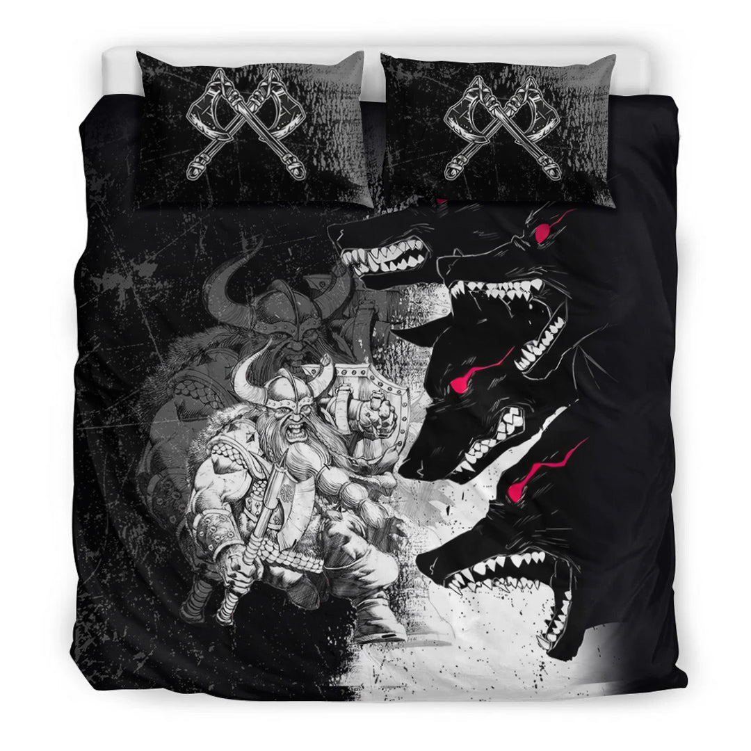 Viking Bedding Set Berserker and Wolf Red Eyes Home Set