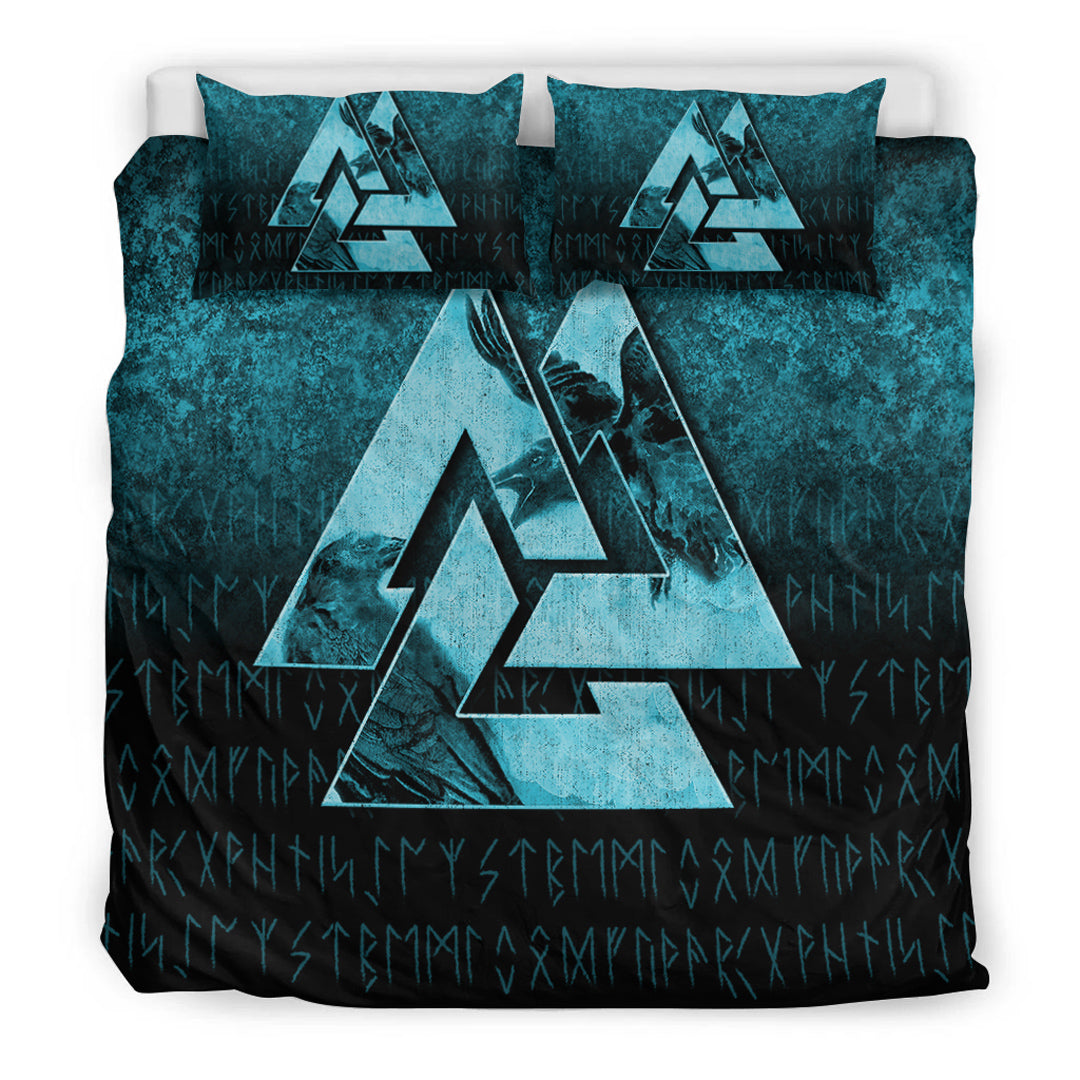 Viking Bedding Set Huginn Muninn Ravens from Odin Viking Cyan Version