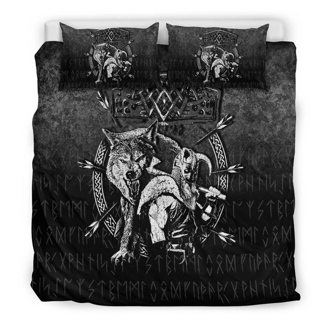 Viking Bedding Set Fenrir Wolf Of Odin Norse Runes Thor Hammer Mjolnir