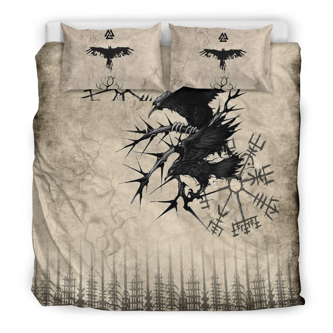 Viking Bedding Set Raven and Vegvisir Vintage Style