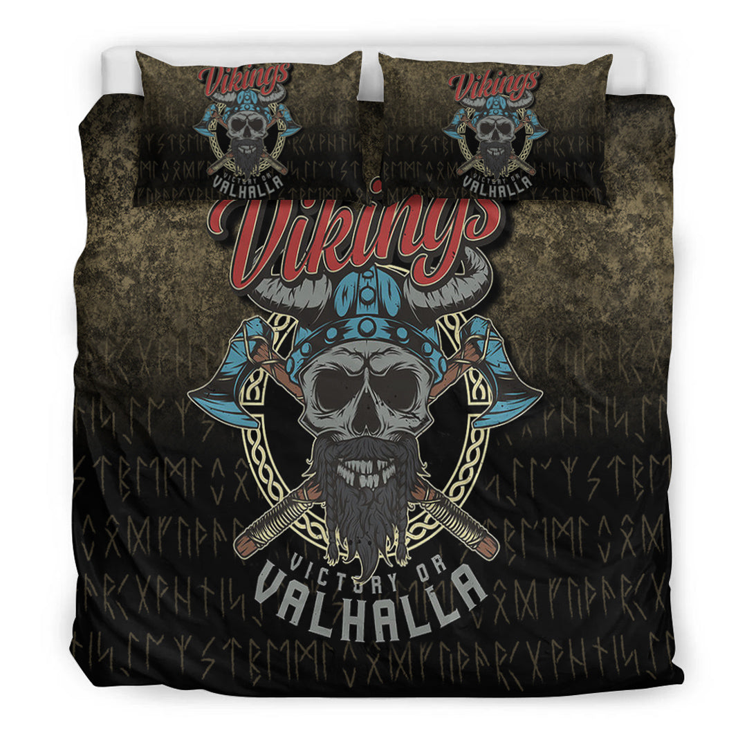 Viking Bedding Set Vikings Victory or Valhalla Skull With Crossed Axe