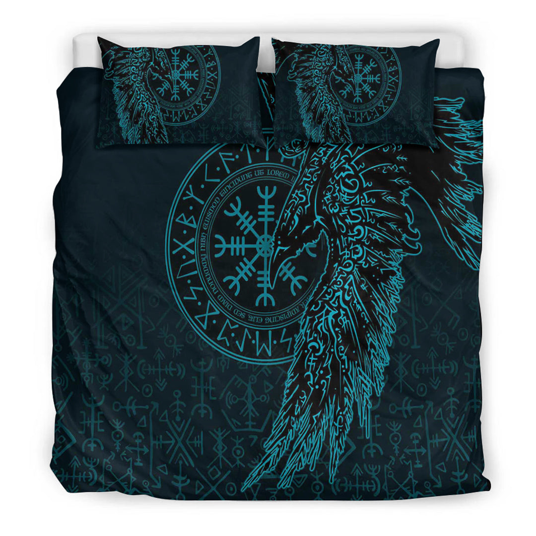 Viking Bedding Set Raven and Helm of Awe Cyan