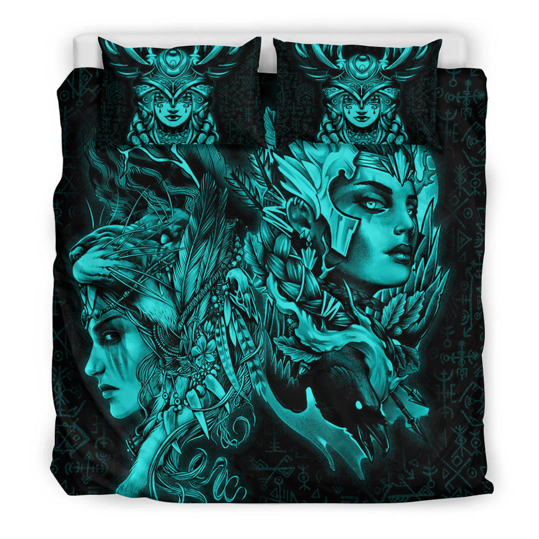 Viking Bedding Set Valkyries And Bear Raven Turquoise Ver02