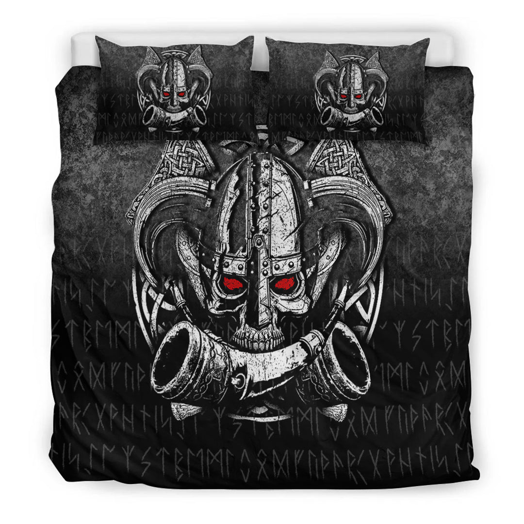 Viking Bedding Set Nordic Mythology Skull Mead Horn Warrior Runes Style