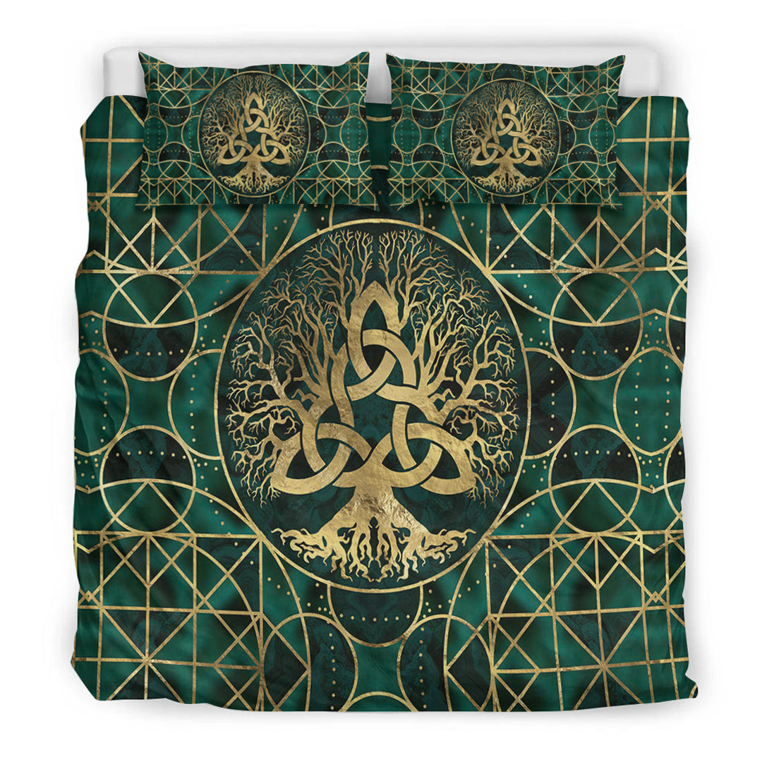 Viking Bedding Set Tree of Life with Triquetra Malachite and Gold