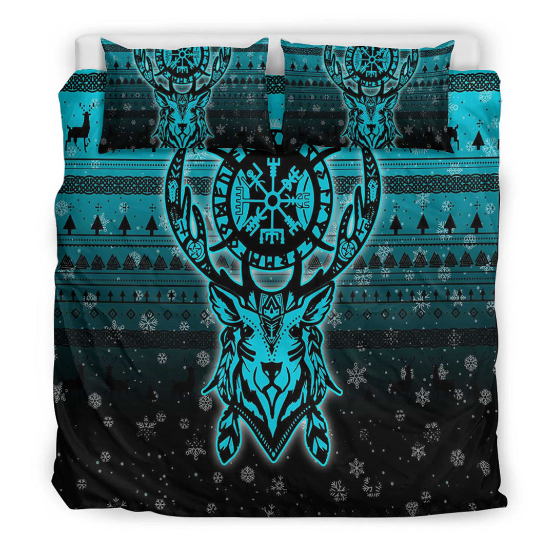 Viking Bedding Set Viking Reindeer Vegvisir Cyan